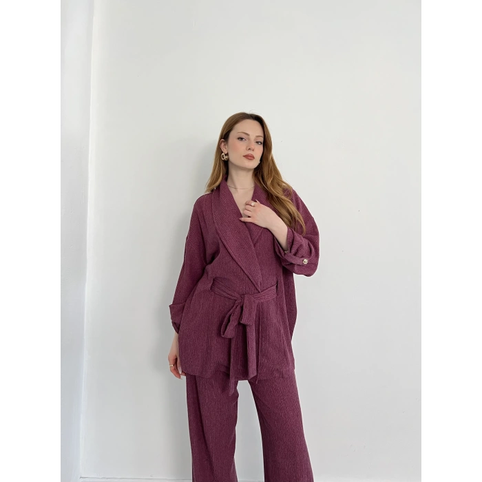 Bürümcük Bel Bağlamalı Kruvaze Yaka Tasarım Takım Mürdüm