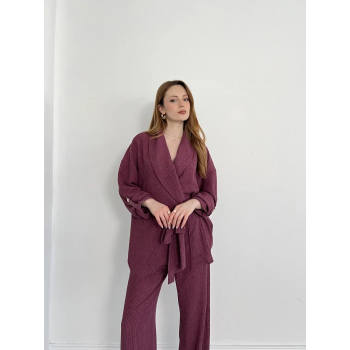 Bürümcük Bel Bağlamalı Kruvaze Yaka Tasarım Takım Mürdüm