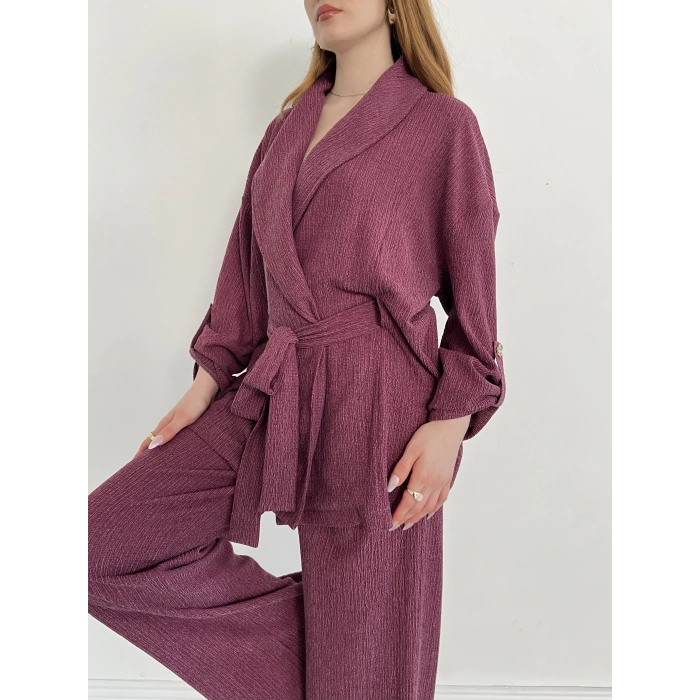 Bürümcük Bel Bağlamalı Kruvaze Yaka Tasarım Takım Mürdüm