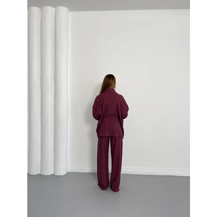 Bürümcük Bel Bağlamalı Kruvaze Yaka Tasarım Takım Mürdüm