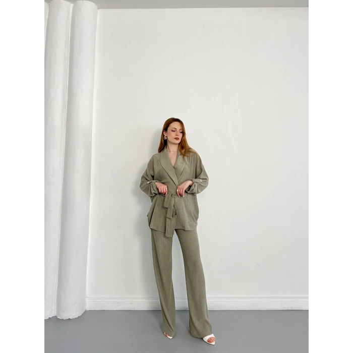 Bürümcük Bel Bağlamalı Kruvaze Yaka Tasarım Takım Haki