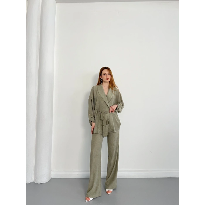 Bürümcük Bel Bağlamalı Kruvaze Yaka Tasarım Takım Haki
