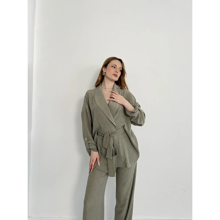 Bürümcük Bel Bağlamalı Kruvaze Yaka Tasarım Takım Haki