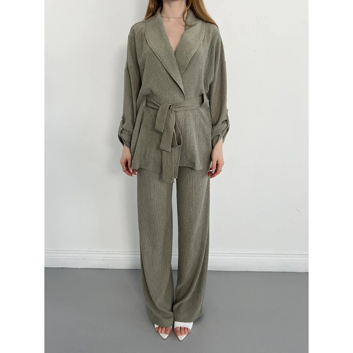 Bürümcük Bel Bağlamalı Kruvaze Yaka Tasarım Takım Haki