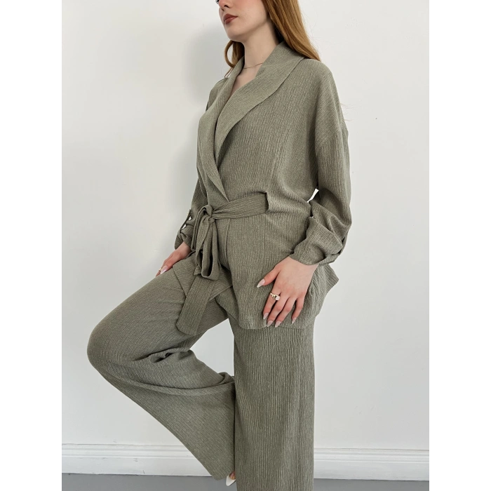 Bürümcük Bel Bağlamalı Kruvaze Yaka Tasarım Takım Haki