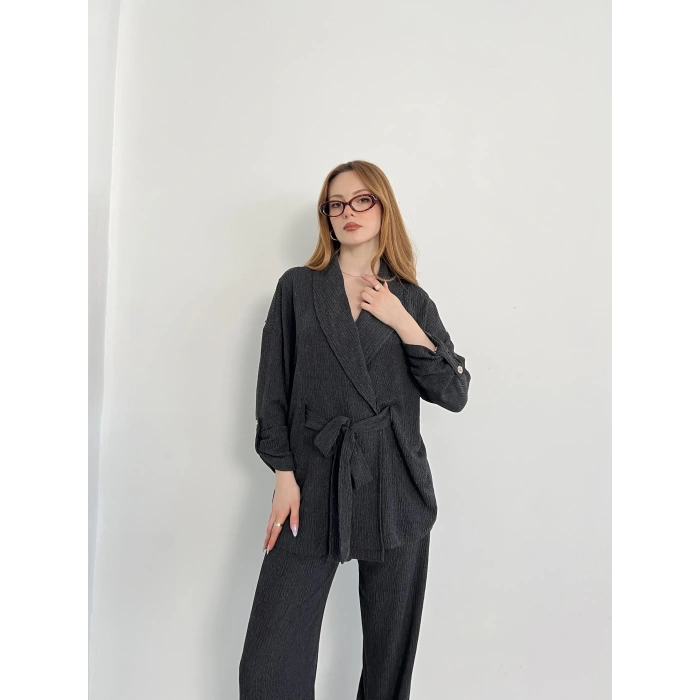 Bürümcük Bel Bağlamalı Kruvaze Yaka Tasarım Takım Antrasit