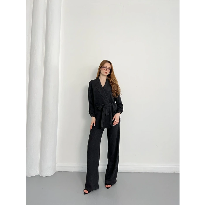 Bürümcük Bel Bağlamalı Kruvaze Yaka Tasarım Takım Antrasit