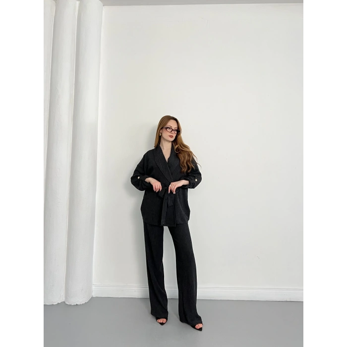 Bürümcük Bel Bağlamalı Kruvaze Yaka Tasarım Takım Antrasit