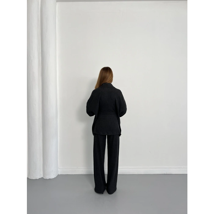 Bürümcük Bel Bağlamalı Kruvaze Yaka Tasarım Takım Antrasit