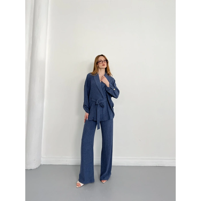 Bürümcük Bel Bağlamalı Kruvaze Yaka Tasarım Takım Mavi