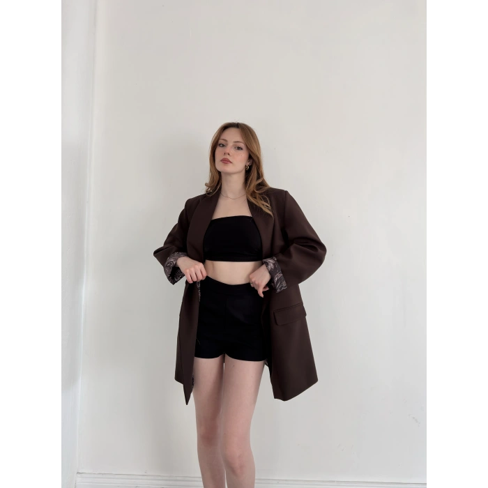 Astarı Desenli Blazer Ceket Kahve