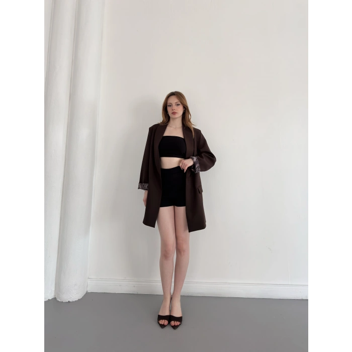 Astarı Desenli Blazer Ceket Kahve