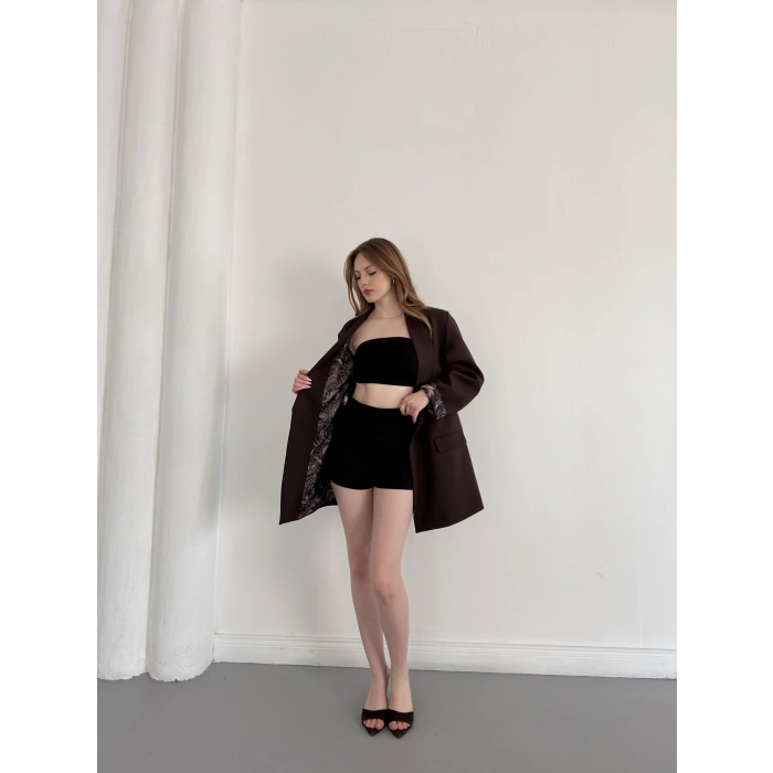 Astarı Desenli Blazer Ceket Kahve