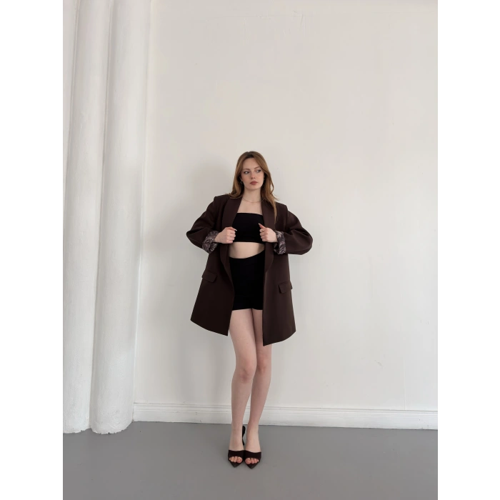 Astarı Desenli Blazer Ceket Kahve