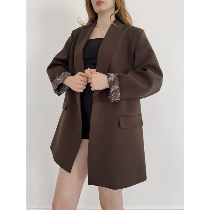 Astarı Desenli Blazer Ceket Kahve