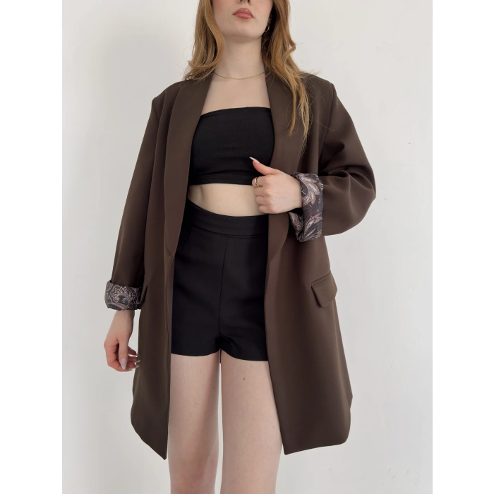 Astarı Desenli Blazer Ceket Kahve