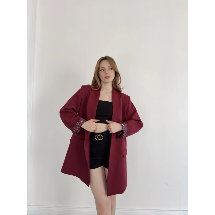 Astarı Desenli Blazer Ceket Bordo