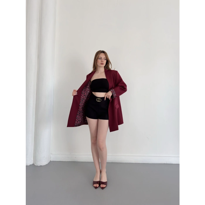 Astarı Desenli Blazer Ceket Bordo