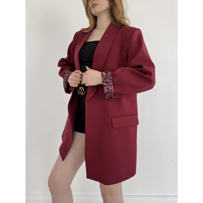 Astarı Desenli Blazer Ceket Bordo