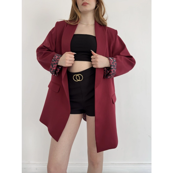 Astarı Desenli Blazer Ceket Bordo