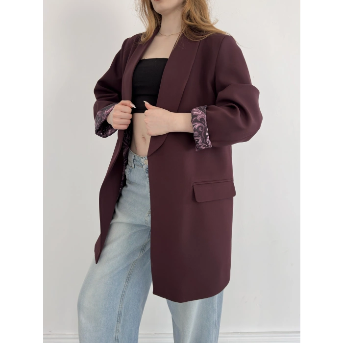 Astarı Desenli Blazer Ceket Mürdüm