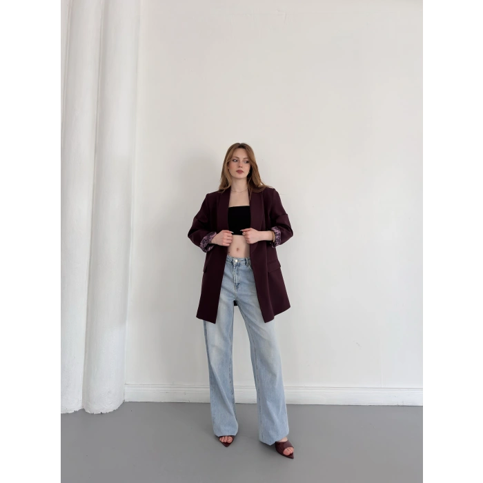 Astarı Desenli Blazer Ceket Mürdüm