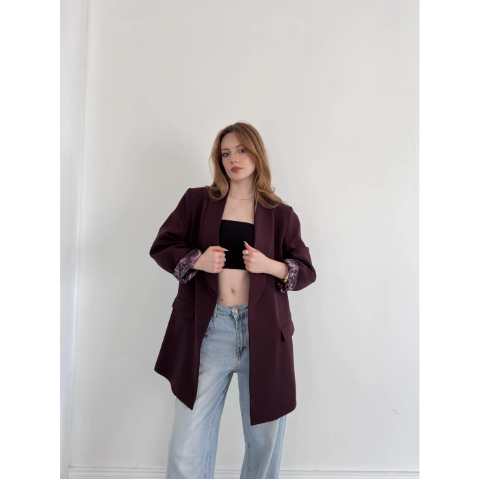 Astarı Desenli Blazer Ceket Mürdüm