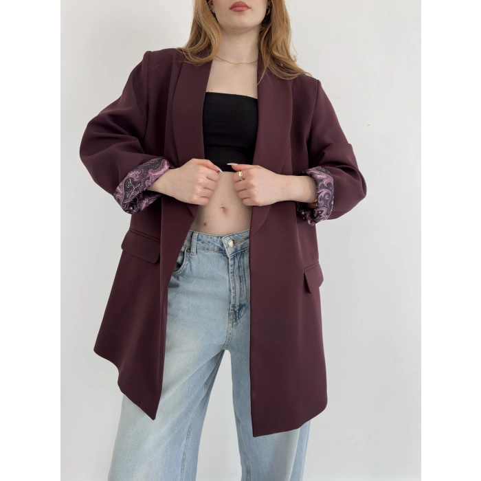 Astarı Desenli Blazer Ceket Mürdüm