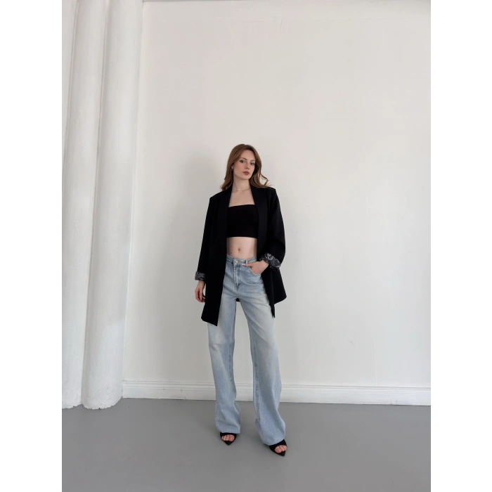 Astarı Desenli Blazer Ceket Siyah