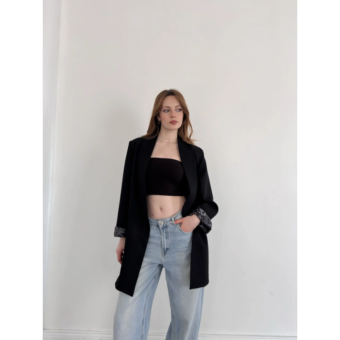 Astarı Desenli Blazer Ceket Siyah