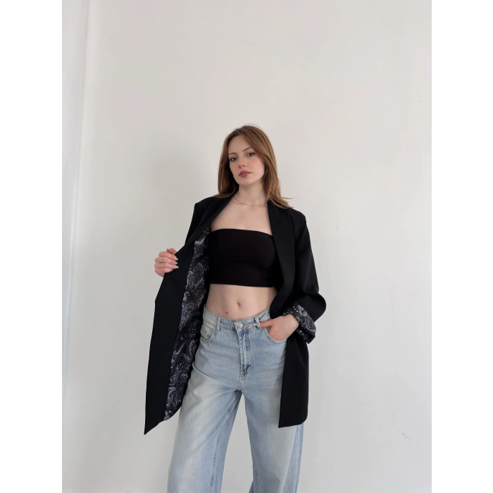 Astarı Desenli Blazer Ceket Siyah