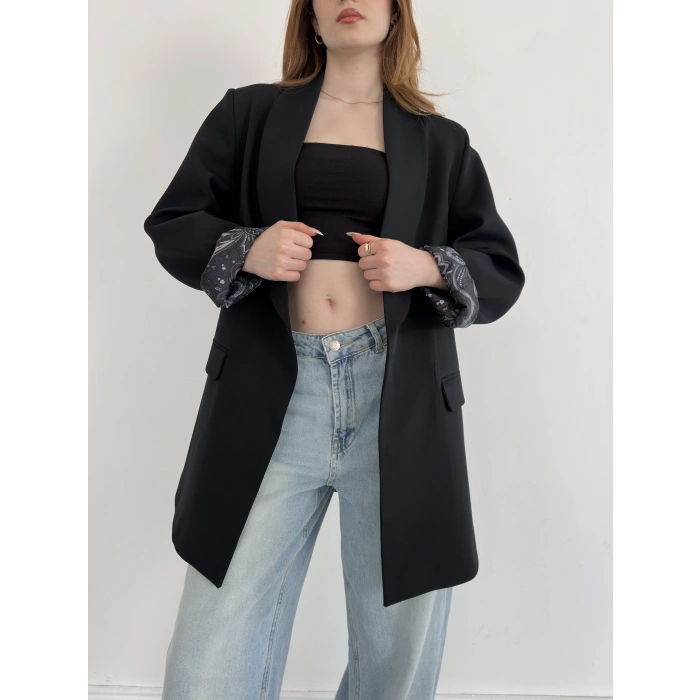 Astarı Desenli Blazer Ceket Siyah