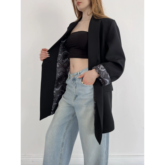 Astarı Desenli Blazer Ceket Siyah