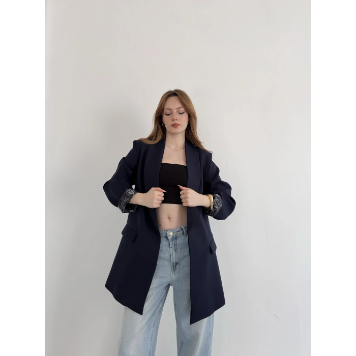 Astarı Desenli Blazer Ceket Lacivert