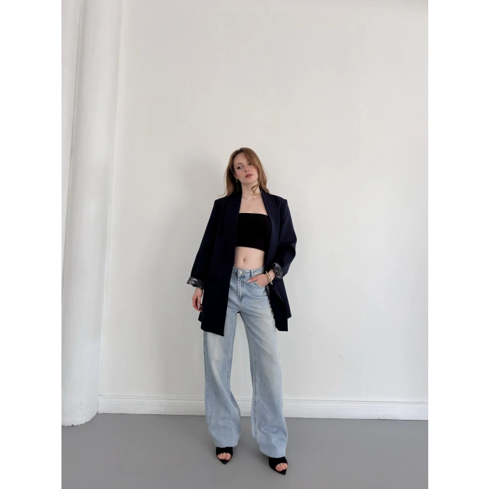 Astarı Desenli Blazer Ceket Lacivert