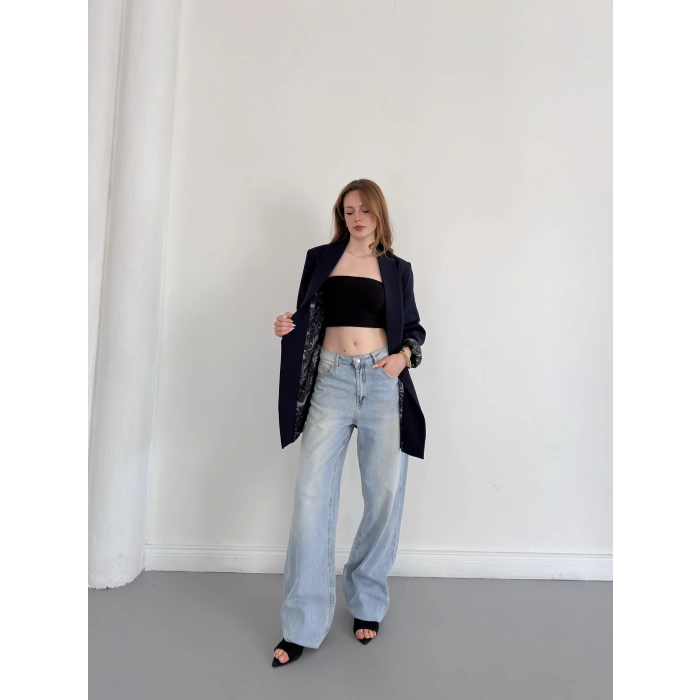 Astarı Desenli Blazer Ceket Lacivert