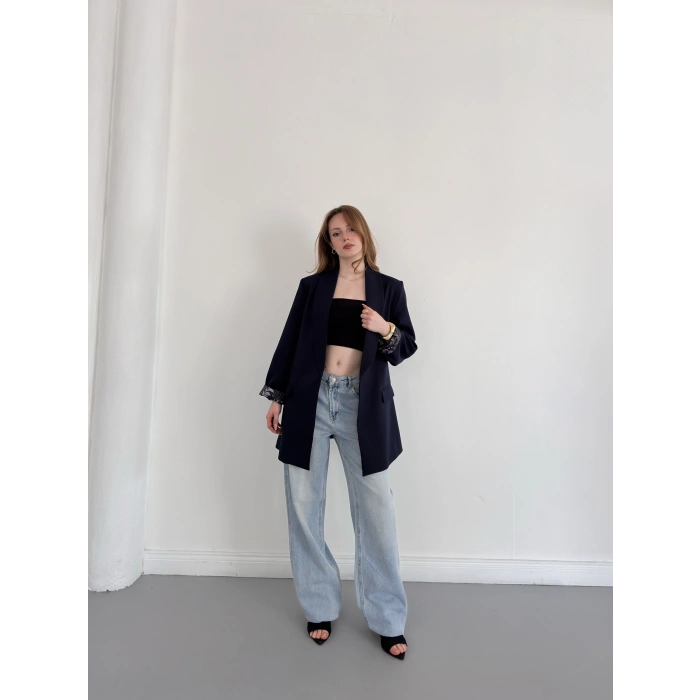 Astarı Desenli Blazer Ceket Lacivert