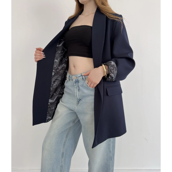 Astarı Desenli Blazer Ceket Lacivert
