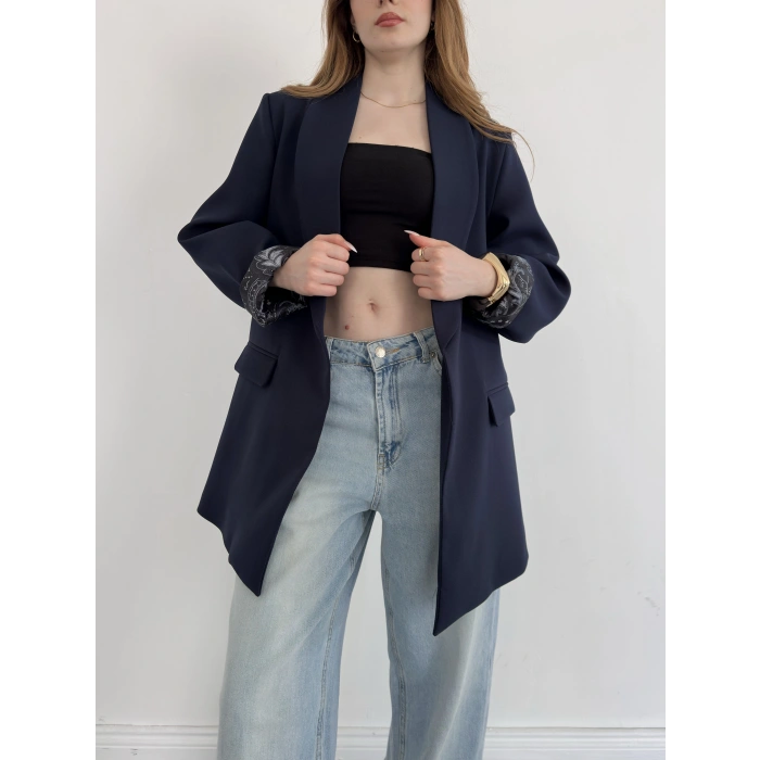 Astarı Desenli Blazer Ceket Lacivert