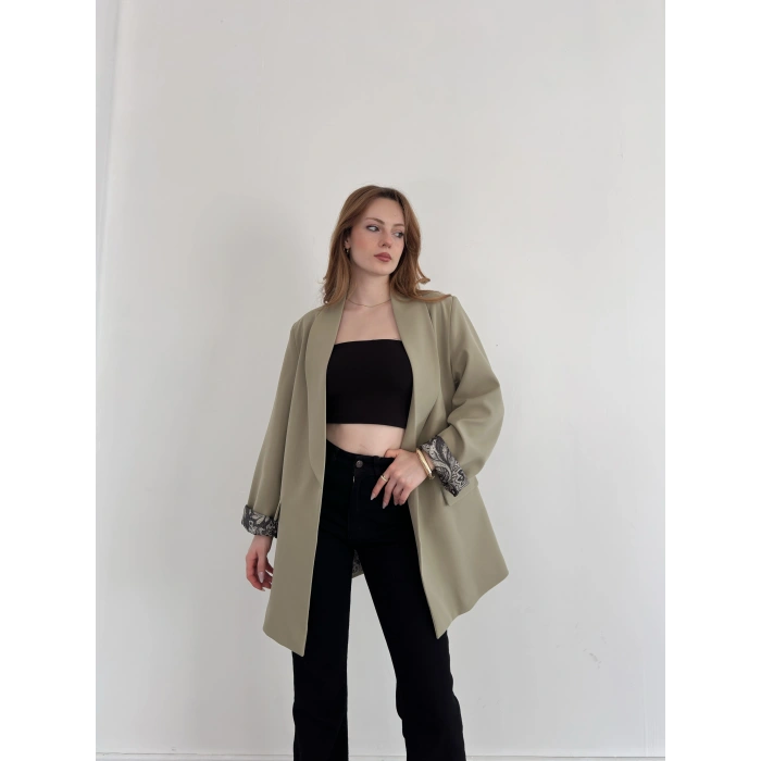 Astarı Desenli Blazer Ceket Haki