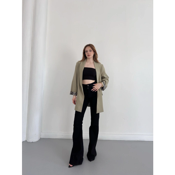 Astarı Desenli Blazer Ceket Haki