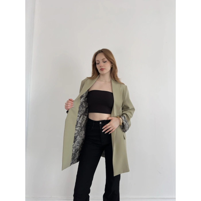Astarı Desenli Blazer Ceket Haki