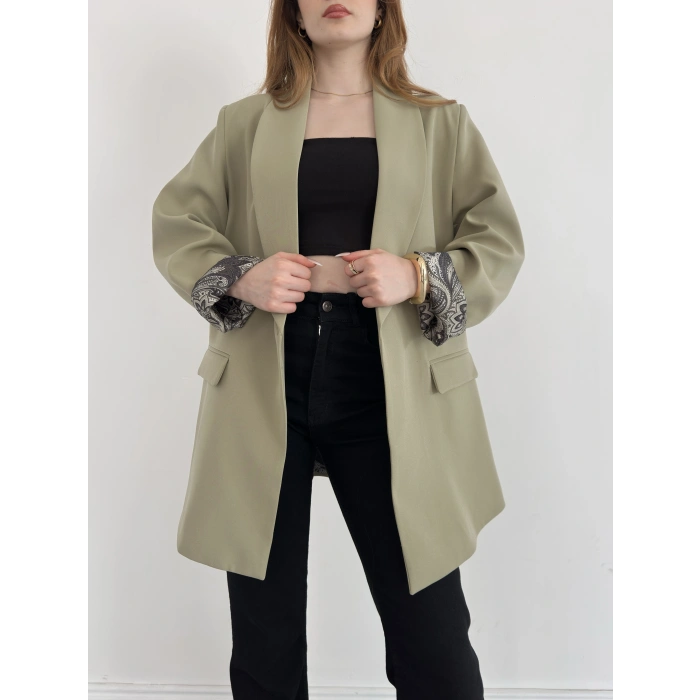 Astarı Desenli Blazer Ceket Haki