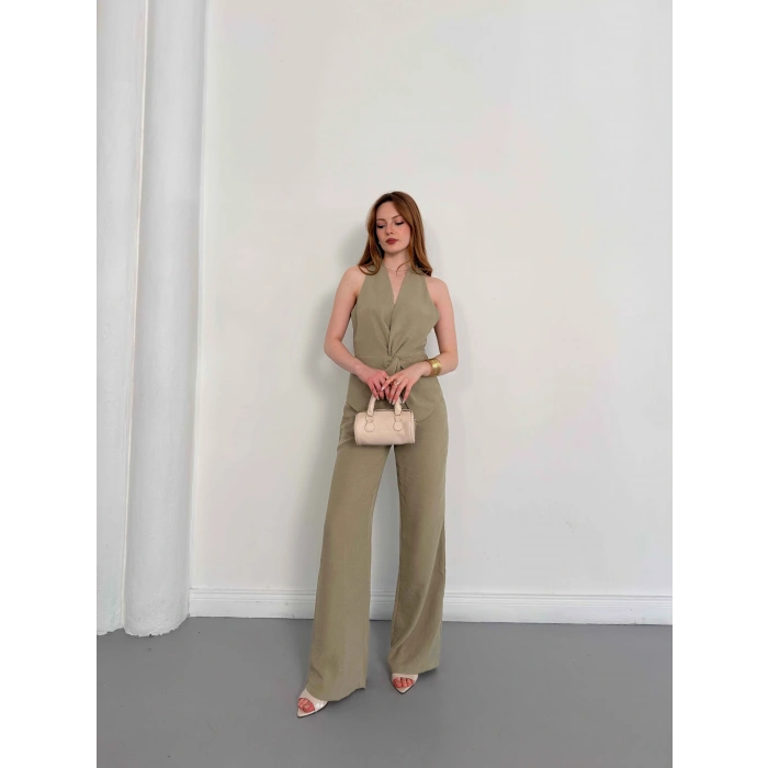 Ön Büzgü Detaylı Yelekli Takım Haki