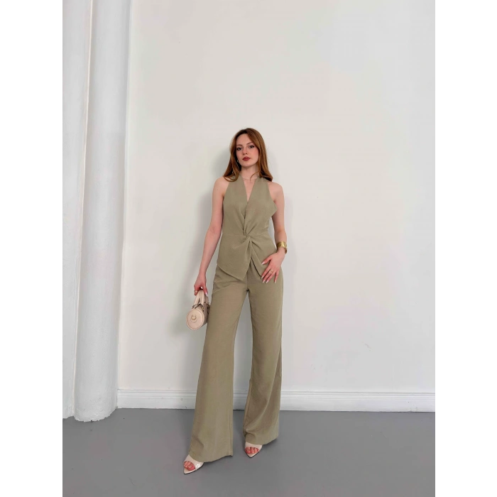 Ön Büzgü Detaylı Yelekli Takım Haki