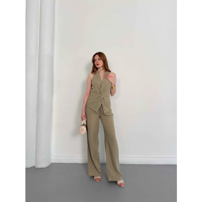 Ön Büzgü Detaylı Yelekli Takım Haki