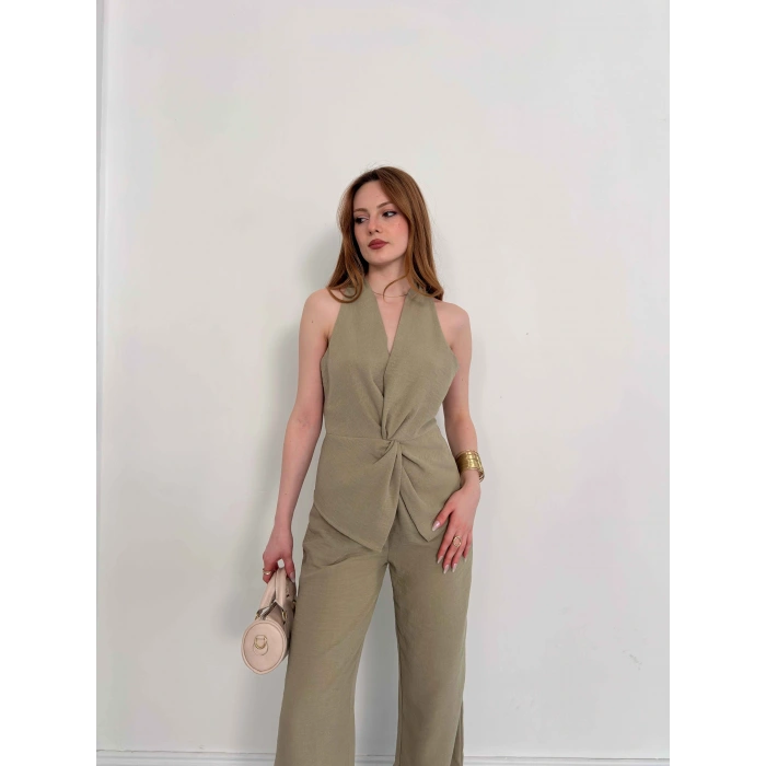 Ön Büzgü Detaylı Yelekli Takım Haki