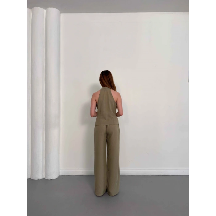 Ön Büzgü Detaylı Yelekli Takım Haki