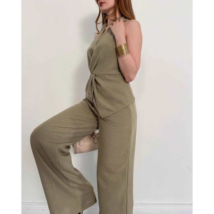 Ön Büzgü Detaylı Yelekli Takım Haki