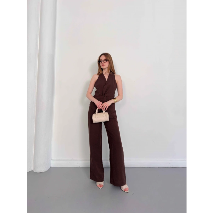Ön Büzgü Detaylı Yelekli Takım Kahve